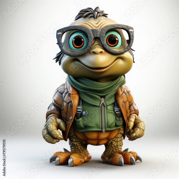 Fototapeta Watercolor turtle with glasses in front of studio, clipart Illustration, Generative Ai