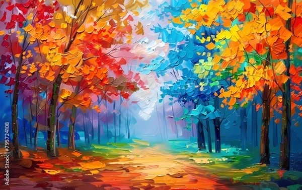 Fototapeta Oil painting landscape, colorful trees. Hand Painted Impressionists
