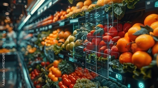 Obraz Close-up view of a digital monitor displaying blockchain data for eco-labeled organic fruits at a high-tech grocery store