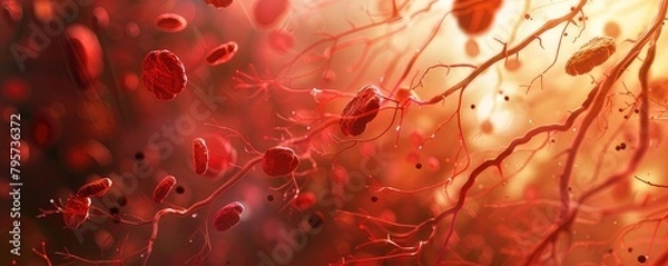 Fototapeta Illustration - red blood cells, erythrocytes, move with the blood flow, image under a microscope, medicine concept.