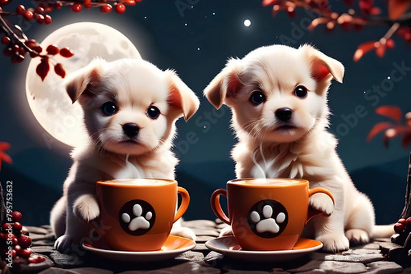 Obraz Two cute puppies are having a cup of hot coffee under the full moon
