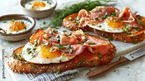 Obraz   A tight shot of a slice of bread topped with meat and an egg, background features a bowl of yogurt
