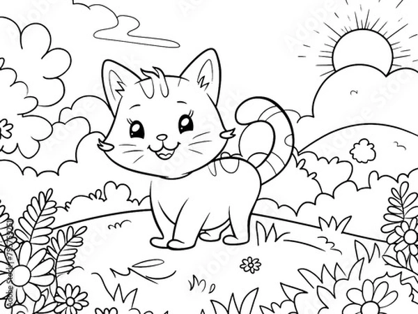 Fototapeta Cheerful kitten playing in the garden, coloring book style. Vector, generative ai.