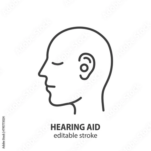 Fototapeta Head of a man with a hearing aid line icon. Symbol of deafness. Editable stroke. Vector illustration.