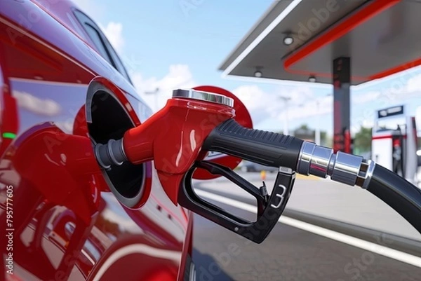 Fototapeta Gas station. refueling gun. A man fuels a car. Filling hose in hand. tank neck