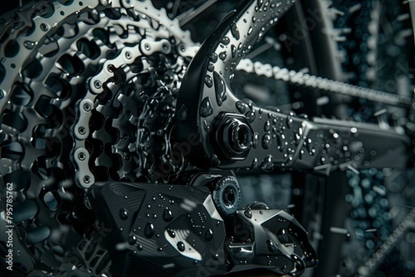 Fototapeta bicycle parts on a black background. stars and connecting rods. Steering wheel. nuts close-up