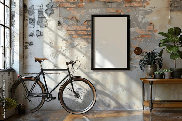 Fototapeta Industrial Chic Loft Setting with Bicycle and Blank Poster Template Design
