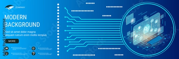 Obraz Digital technology banner vector design template. Artificial intelligence, digital mind flat 3d isometric concept