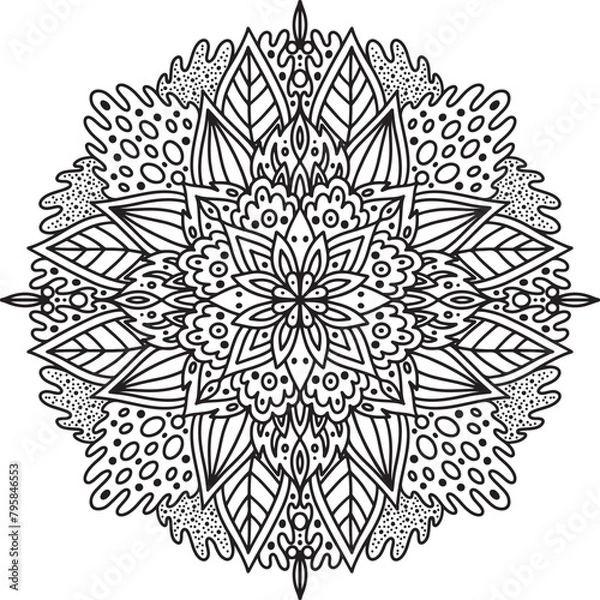 Obraz Mandala doodle coloring page. Boho meditative and relax coloring book for adults. Outline hand drawn design of symmetric pattern