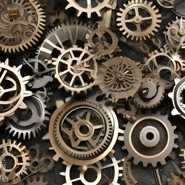 Fototapeta A digital sculpture of interlocking gears and cogs, turning and rotating in a synchronized motion4