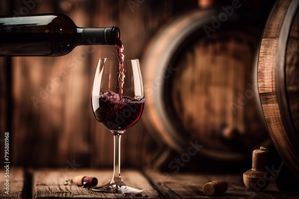 Fototapeta Pouring Rich Red Wine into Elegant Glass - Sommelier's Choice, Vintage Aroma