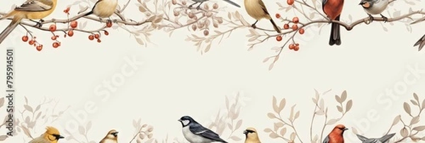 Fototapeta Birds perched on branches with red berries - A seamless pattern depicting various birds perched gracefully on tree branches adorned with red berries against a neutral background