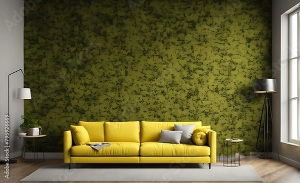 Fototapeta Mock up room with moss brick wall and yellow sofa 3d illustration rendering