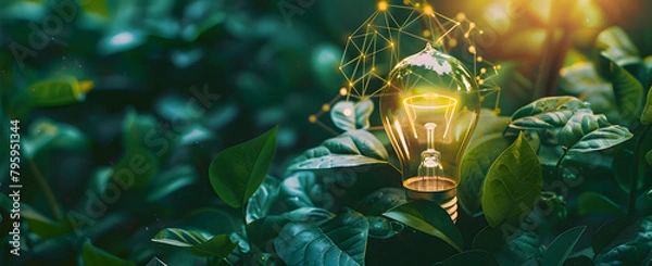 Obraz Energy user interface featuring light bulb, graphs, and data visualizations against green leaves backdrop. Sustainable development icons included.