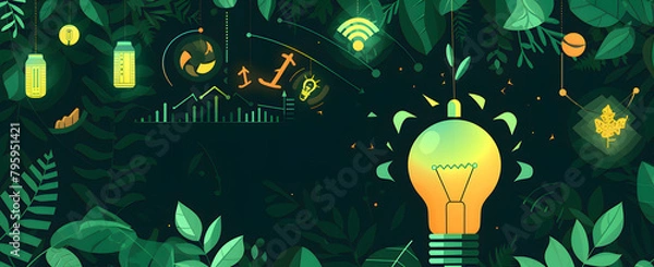 Fototapeta Energy UI with light bulb, graphs, and data visualizations on green leaves background. Sustainable development icons.