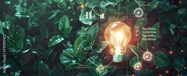 Obraz Energy UI with light bulb, graphs, and data visualizations on green leaves background. Sustainable development icons.