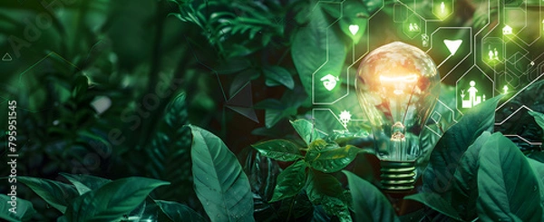 Fototapeta Energy UI featuring light bulb, graphs, and data visualizations set on green leaves background. Sustainable development icons present.