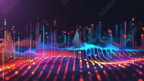 Fototapeta A digital landscape with glowing particles representing data and sound waves.