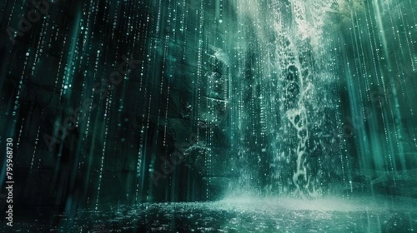 Fototapeta Binary code waterfall cascading into digital abyss
