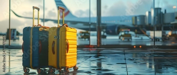 Obraz Yellow and blue travel suitcases on wheels positioned in front of an airport with planes visible behind. Soft lighting, photorealistic, cinematic vibes.