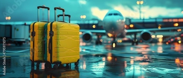 Obraz Two yellow and blue travel suitcases on wheels at an airport with planes in the background. Soft lighting, photorealistic, cinematic atmosphere.