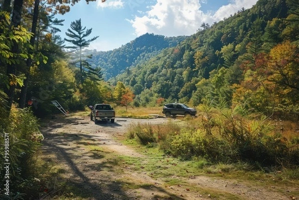 Obraz A remote wilderness parking lot at the trailhead of a scenic hiking route through the mountains, Generative AI