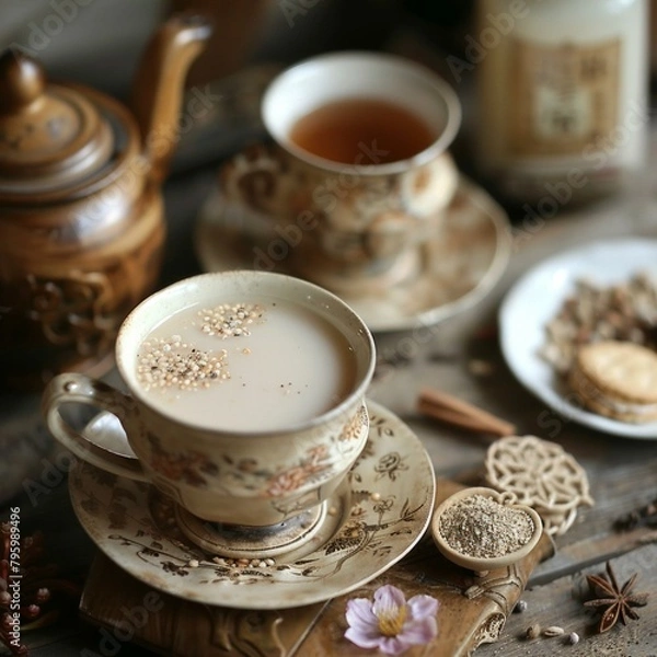 Fototapeta b'A cup of milky tea with spices on a saucer and a wooden table'