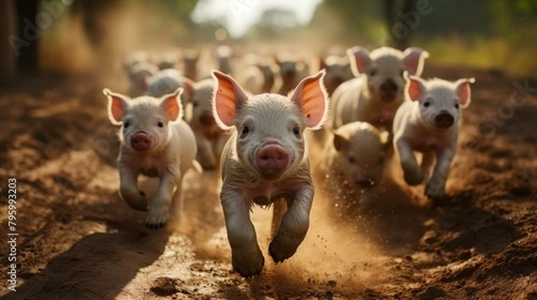 Fototapeta b'Piglets running in a field'