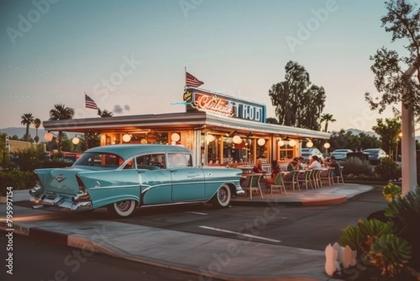 Obraz A retro-style diner with a classic car parked in front, surrounded by a vintage-inspired parking lot, Generative AI