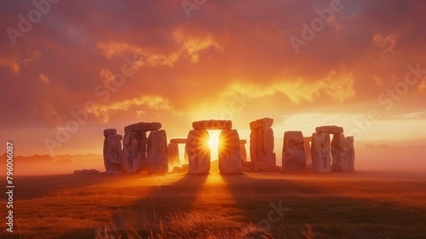 Fototapeta The sun rising behind the ancient monument of Stonehenge during the summer solstice, capturing the alignment of the stones with the sun
