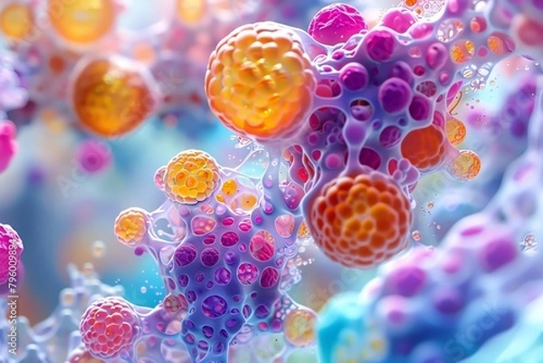Fototapeta 3D render of a colorful organic structure made of interconnected spheres.