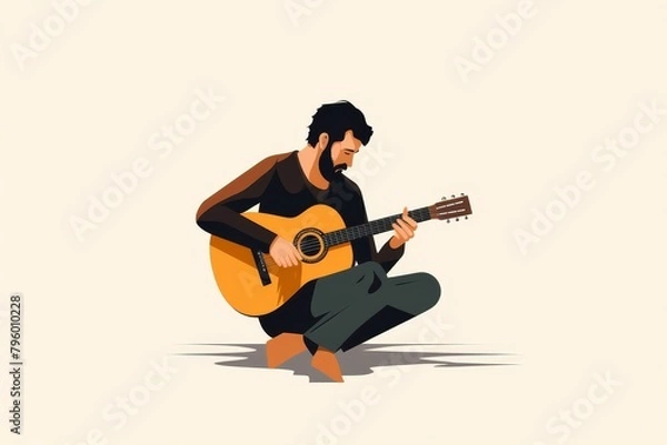 Fototapeta The man is sitting on the ground with a beard is playing an acoustic guitar.