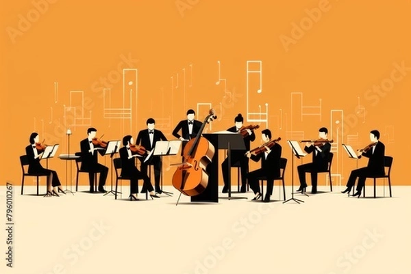 Fototapeta An illustration of a small orchestra with 8 musicians. They are all wearing suits and playing string instruments.