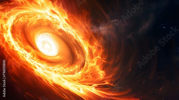 Fototapeta Abstract background of the black hole from plate type star, glowing orange and yellow light swirls on dark space.