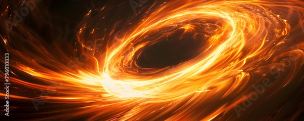 Fototapeta Abstract background of the black hole from plate type star, glowing orange and yellow light swirls on dark space.