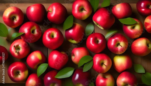 Fototapeta Red apples with green leaves on a rustic wooden board