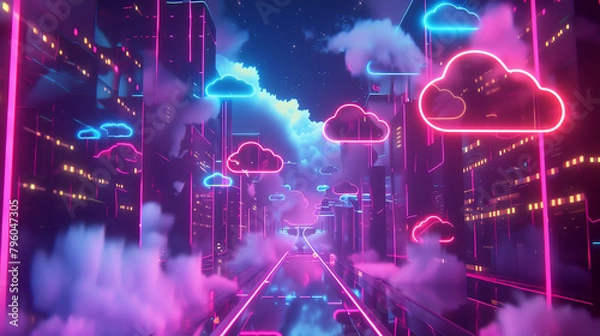 Fototapeta A digital landscape showcasing a 3D-rendered cloud server, with data flowing through neon-lit pathways, creating an immersive view of modern data management systems.