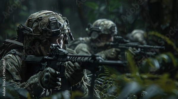 Fototapeta Juvenile soldiers in a subdued, dark environment, each detail captured without noise