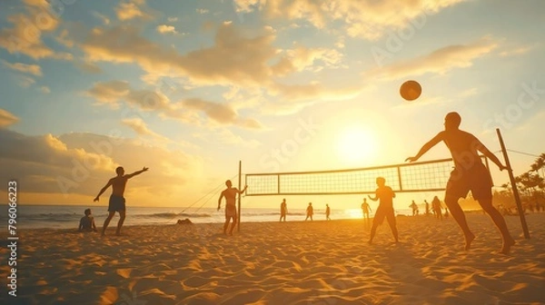 Obraz A group of people playing volleyball on a beach at sunset. The sky is filled with clouds, and the sun is setting in the background