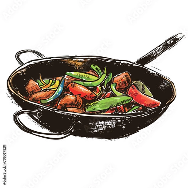 Obraz Illustration of a wok with vegetables in a frying pan.