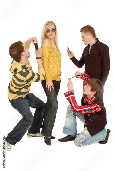 Fototapeta Three guys make photo of a girl by a mobile