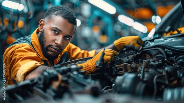 Obraz The employee of an automotive factory fixes a technical issue. Generative AI.