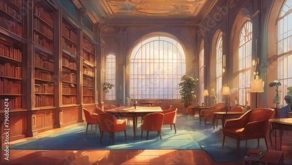 Fototapeta Illustration of a Library, Inviting Readers into a World of Knowledge and Imagination, Adorned with Rows of Books and Cozy Reading Nooks