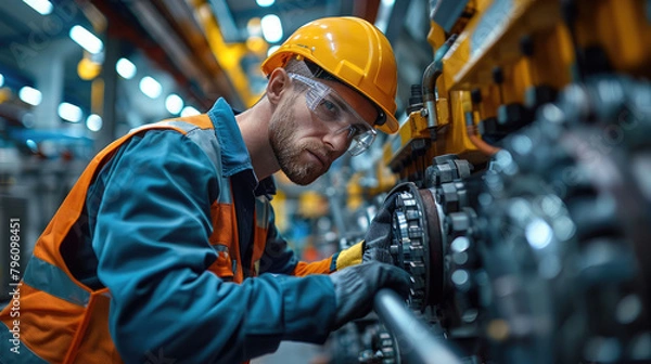 Fototapeta A skilled industrial electrician meticulously working on large manufacturing equipment. Generative AI.