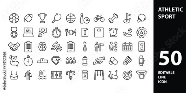 Fototapeta Fitness and Workout Line Icons. Editable Stroke. Pixel Perfect. For Mobile and Web. Contains such icons as Bodybuilding, Heartbeat, Swimming, Cycling, Running, Diet.