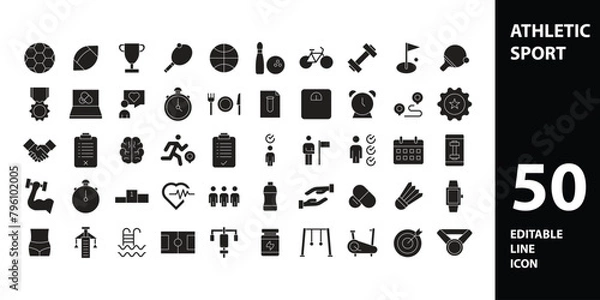 Fototapeta Fitness and Workout Line Icons. Editable Stroke. Pixel Perfect. For Mobile and Web. Contains such icons as Bodybuilding, Heartbeat, Swimming, Cycling, Running, Diet.