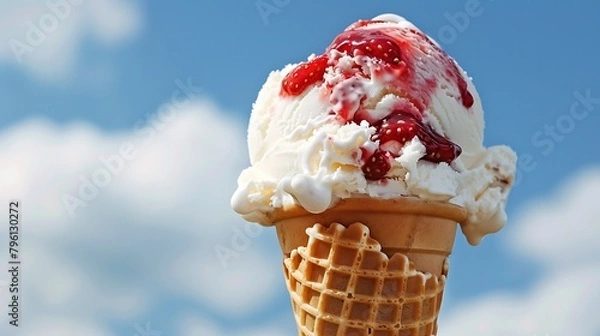Fototapeta A vanilla ice cream cone with strawberry sauce against a blue sky