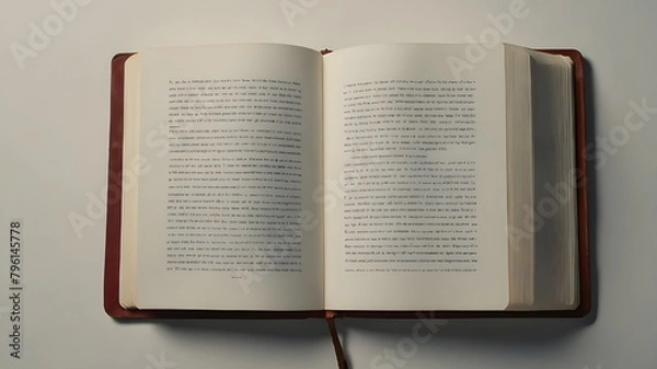 Fototapeta Top-down view, blank page, open book, and flat background