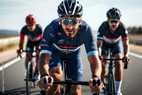 Fototapeta Close-up of a group of cyclists with professional racing sports gear riding on an open road cycling route.