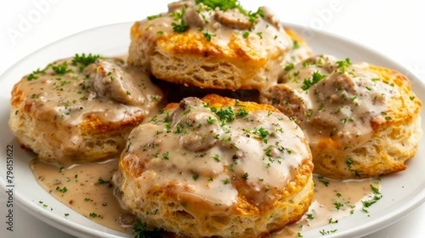 Fototapeta Gourmet top view image of Biscuits and Sausage Gravy, featuring whole wheat biscuits and turkey sausage in low-fat gravy, prepared with less butter, isolated